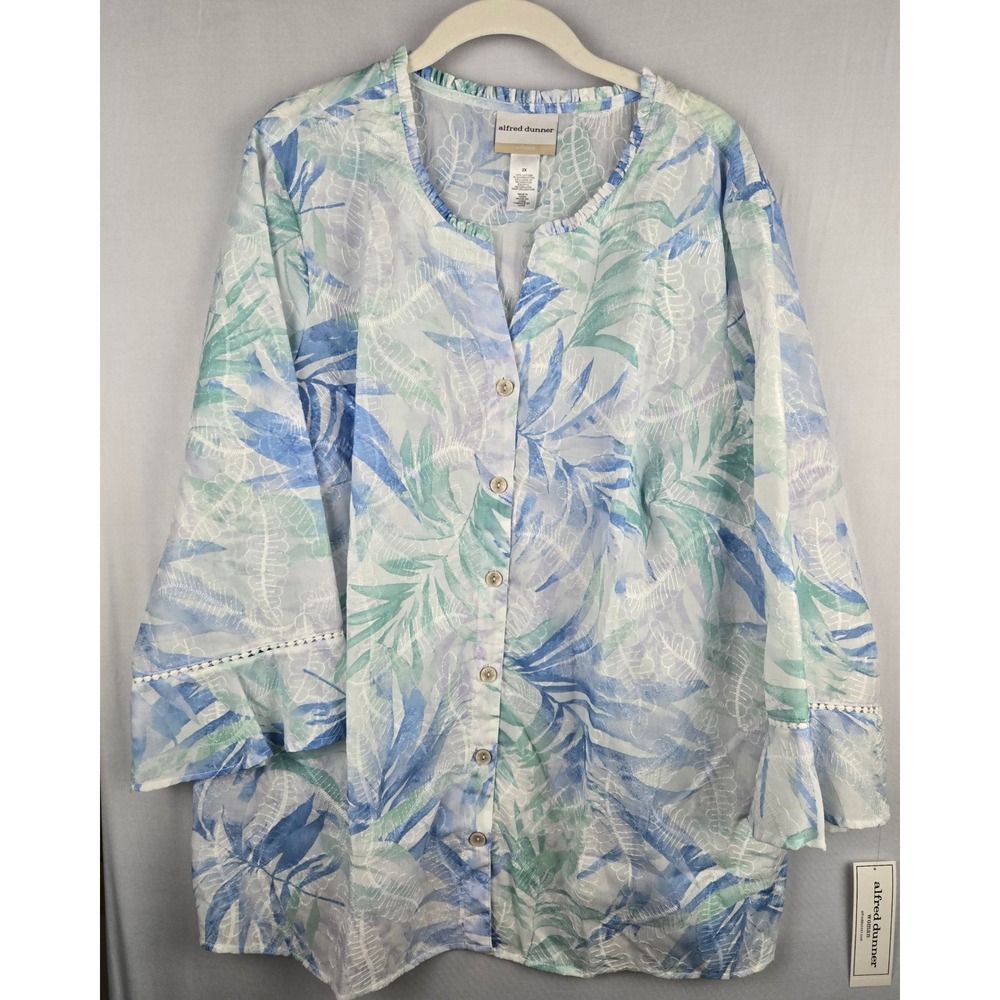 Alfred Dunner Woman 2X NWT Tropical Leaf Print Cotton Embroidered Blouse Top
